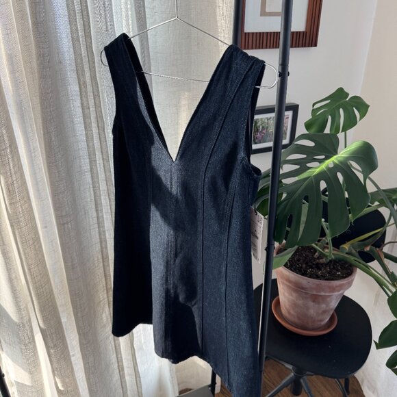 ZARA Dark Wash Denim Mini Dress with Deep V Neck – Size L (NWT) - Picture 2 of 10